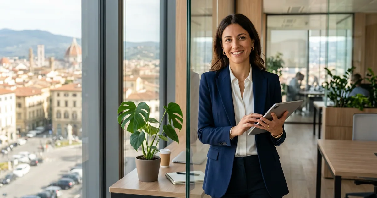 Professionista agenzia immobiliare con strumenti digitali e servizio clienti