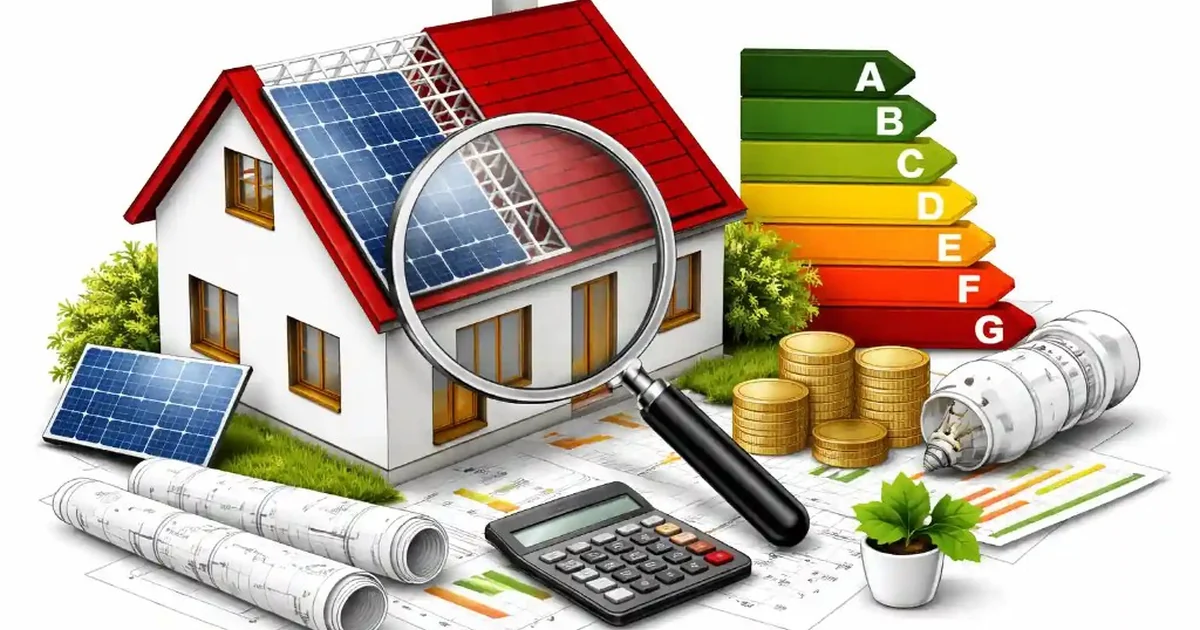 Casa modello con pannelli solari, scala energetica A-G e strumenti di analisi — APE e acquisto immobiliare