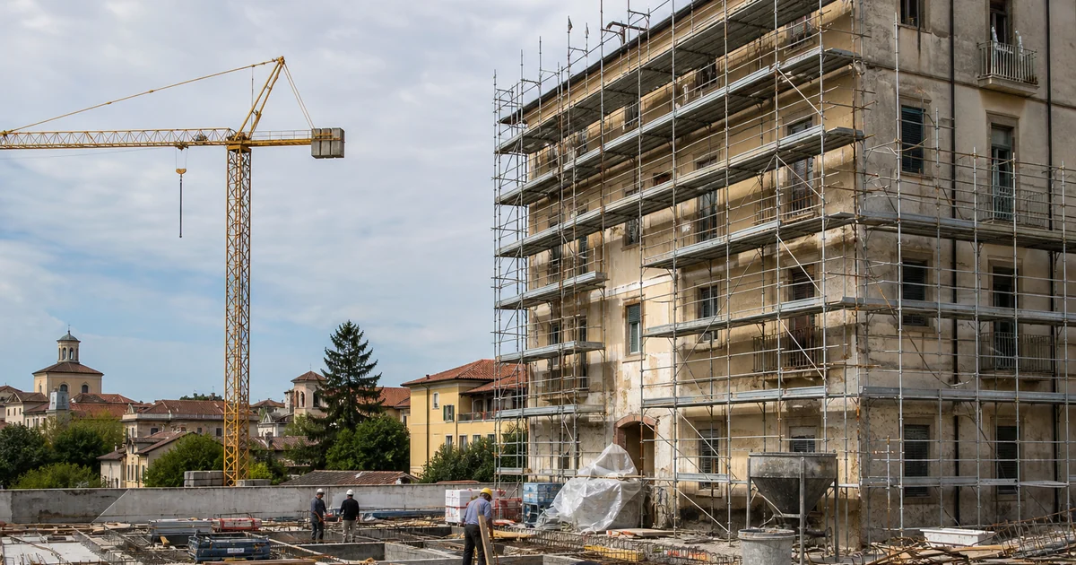 Cantiere edile e materiali — illustrazione editoriale costi costruzione e indice ISTAT