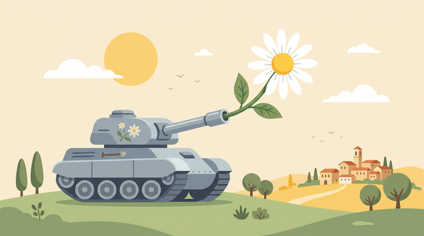 Illustrazione: fiore dal cannone — metafora pace e contesto economico sul mattone