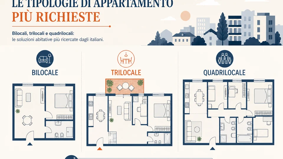 Illustrazione editoriale bilocali trilocali quadrilocali — tipologie più richieste