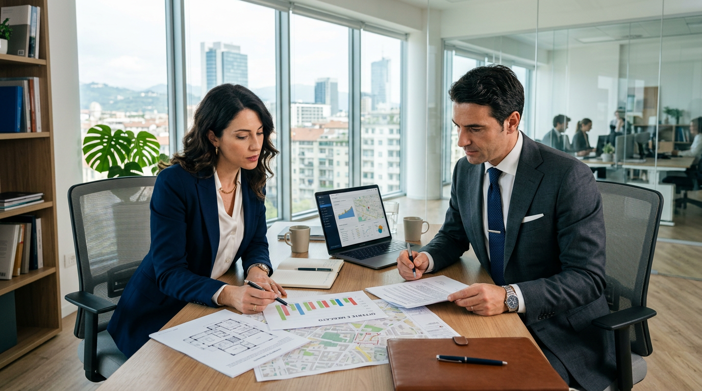 Professionisti in ufficio analizzano dati di mercato e quotazioni OMI