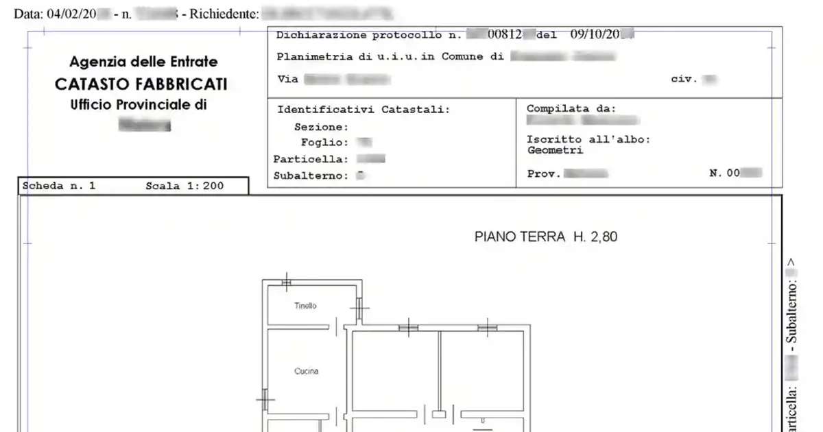 Planimetria catastale Catasto Fabbricati (Agenzia delle Entrate): disegno in scala e identificativi per la compravendita