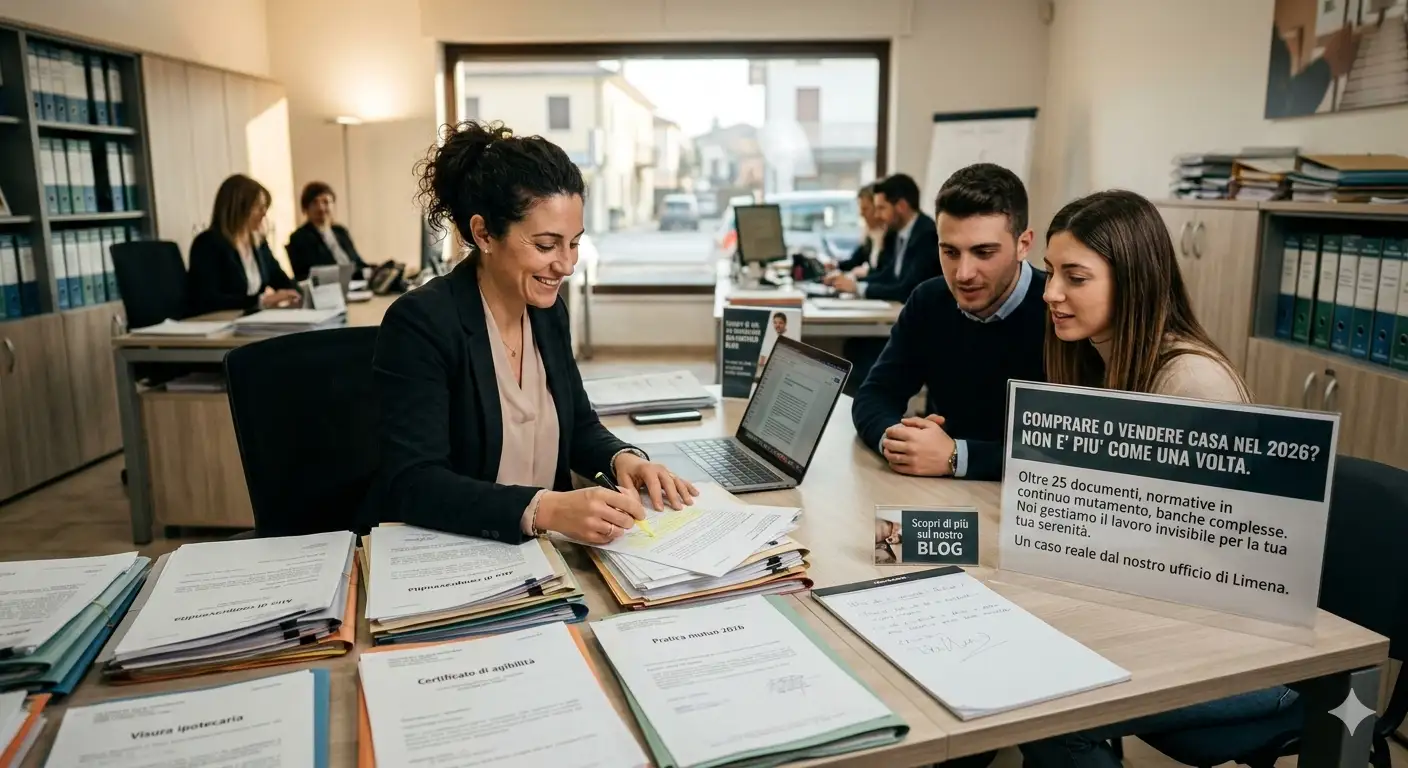 Ufficio Righetto Immobiliare a Limena: la scrivania di lavoro con documenti, schermi e materiale informativo per i clienti